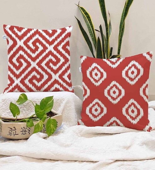 Red Cotton Geometric 24x24 inches Cushion Covers (Pack of 2)