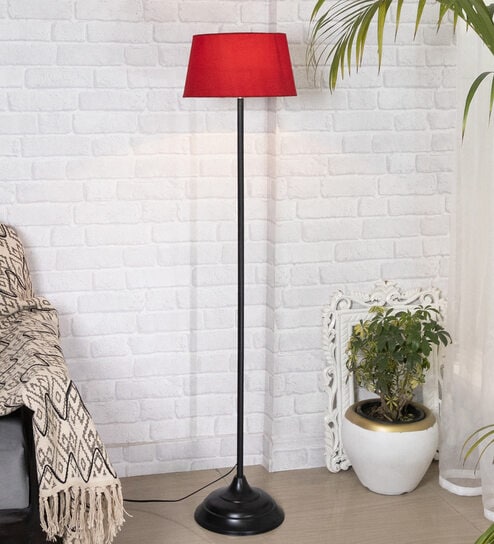 Red Cotton Shade Floor Lamp With Metal Base