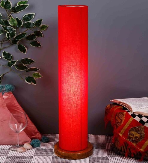 Shubra Red Cotton Shade Column Floor Lamp With Wood Base