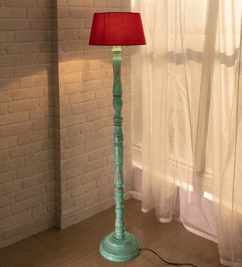 Red Cotton Shade Floor Lamp With Wooden Base