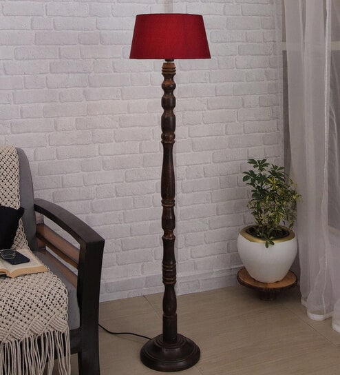 Red Cotton Shade Floor Lamp With Wooden Base