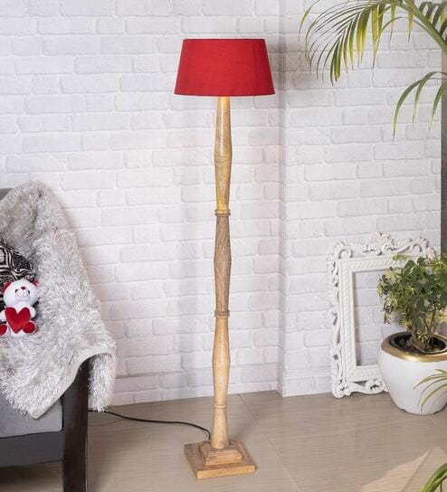 Red Cotton Shade Floor Lamp With Wooden Base