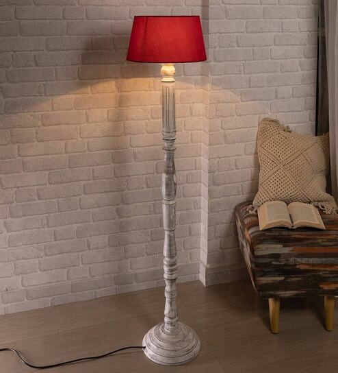 Red Cotton Shade Floor Lamp With Wooden Base