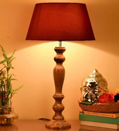Red Fabric shade Table Lamp with Wood base