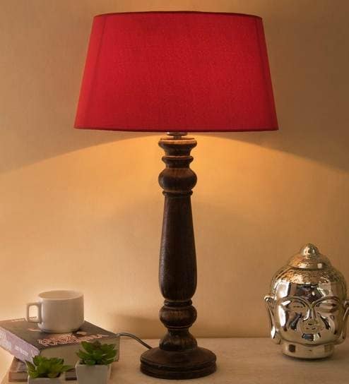 Red Fabric shade Table Lamp with Wood base