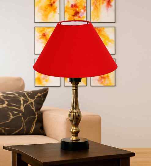Red Cotton Table Lamp With  Metal & Wood  Base 10X15 Inches