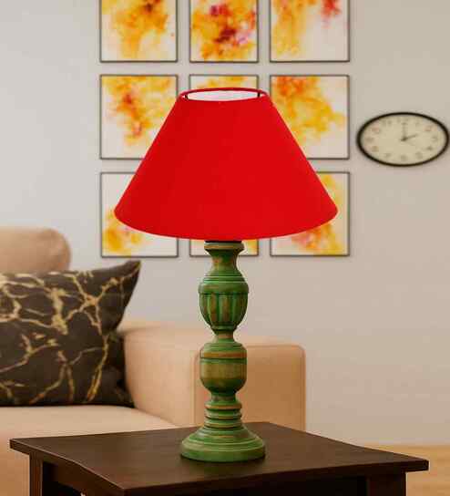 Red Cotton Table Lamp With  Wood  Base 10X19 Inches