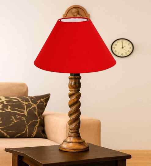Red Cotton Table Lamp With  Wood  Base 10X19 Inches