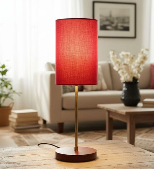 Red Cylinder Fabric Shade Table Lamp, Brown Wooden Base Bedside & Desk Light for Bedroom, Living Room & Home Decor
