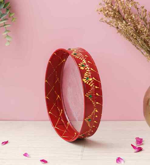 Red Decorative Karwachauth Channi Sieve|Karva Chauth Thali Set for Puja|Karwa Chauth Gift for Wife