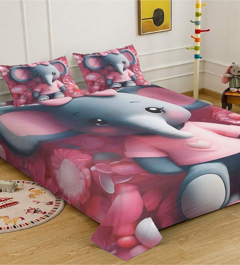 Red Digital Animal Printed Cotton Blend Double Bedsheet with 2 Pillow Covers