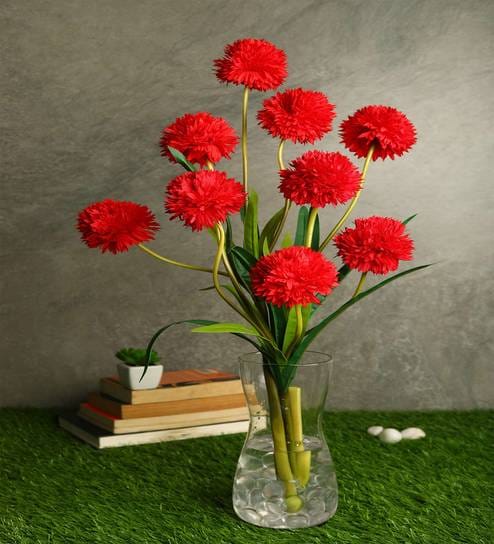 Red Fabric Decorative Artificial BallMum Flowers Set of 3