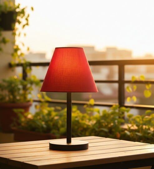 Red Fabric Shade Table Lamp, Minimalist Bedside Lamp with Metal Base for Bedroom, Living Room & Study