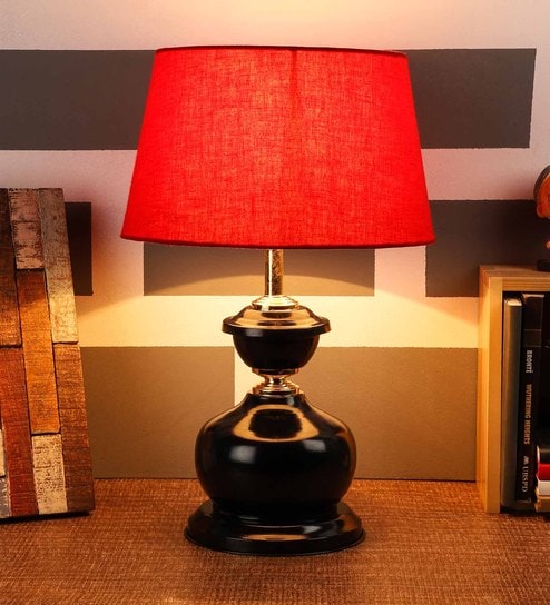 Red Fabric Shade Table Lamp With Black Base By Foziq
