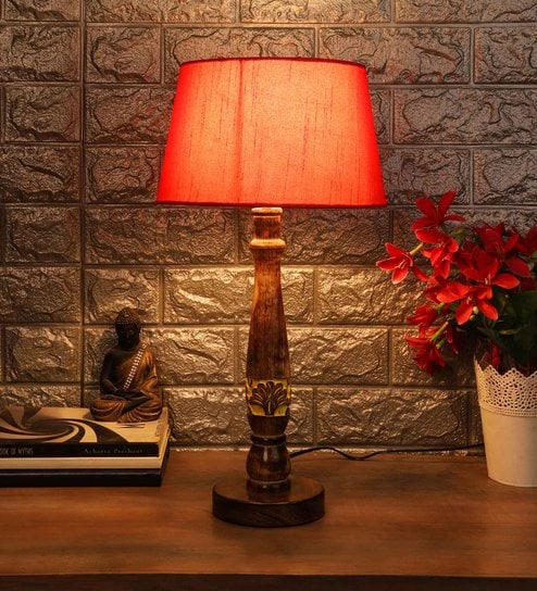 Red Fabric Shade Table Lamp with Brown and Yellow Base by Foziq