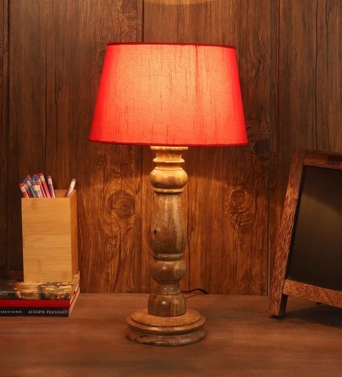 Red Fabric Shade Table Lamp with Brown Base by Foziq