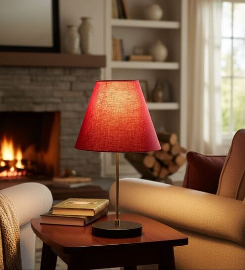 Red Fabric Shade with Modern Silver & Black Table Lamp for Bedroom & Living Room
