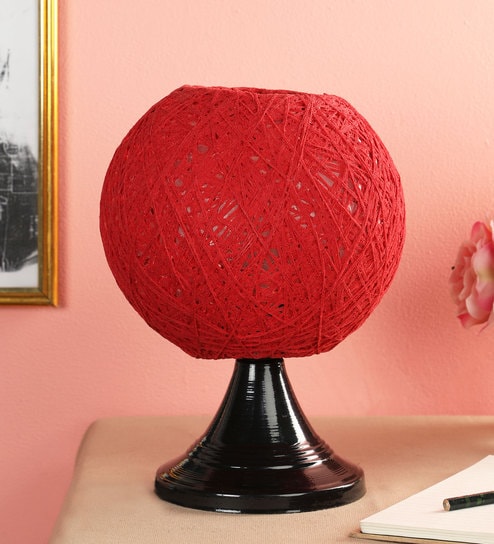 Red Natural Fiber Shade Table Lamp With Black Base