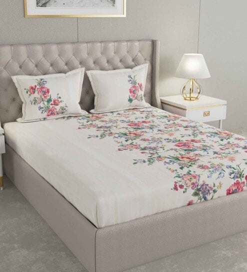 Red Floral 180 TC Cotton King Sized Bed Sheets with 2 Pillow Covers by GM Fabrics