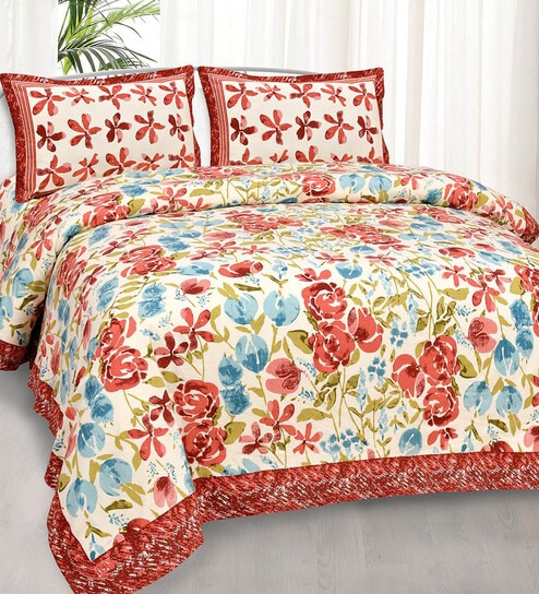 Brown Floral 240 TC CottonKing Sized Bedsheet With 2 Pillow Covers  by Jaipur Fabric