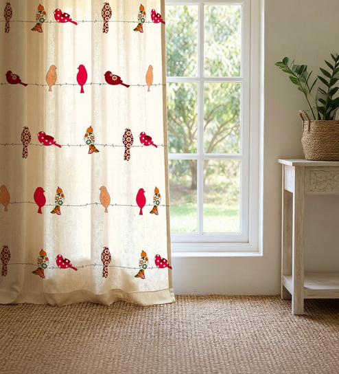 Red Cotton Birds Theme 8 Ft Eyelet Door Curtains (Set Of 2)