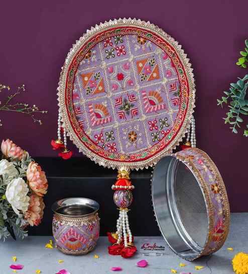 Red Floral Decorative Stainless Steel Karwa Chauth Thali Set with Plate Chalni Lota|Karva Chauth Pooja Thali