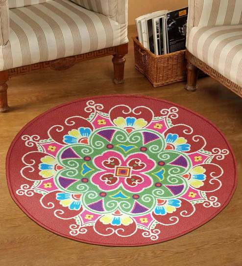 Red Floral Machine Made Nylon Carpet 2.5 X 2.5 Feet