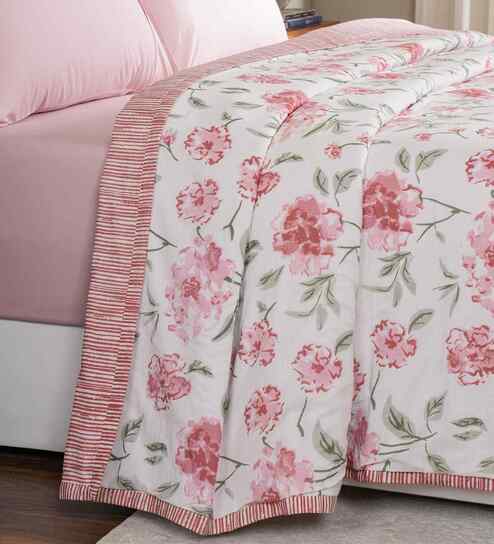Red Floral Print Cotton Double Bed Dohar