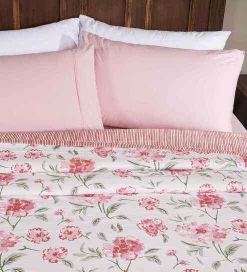Red Floral Print Cotton Single Bed Dohar
