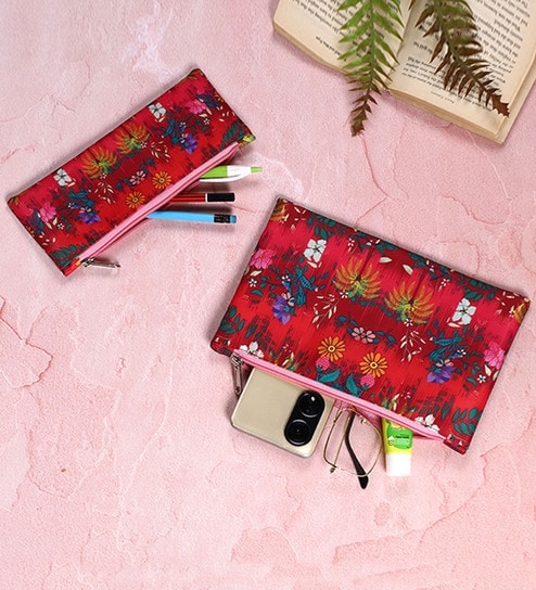 Red Floral Printed Utility Pouches Set of 2