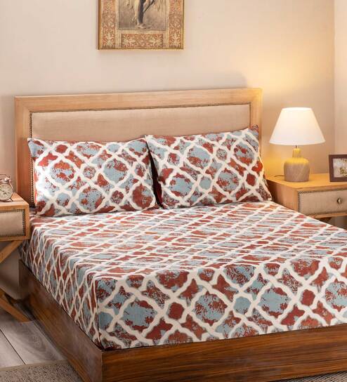 Red Abstract 300 TC 100% Cotton Queen Sized Bed Sheets with 2 Pillow Covers