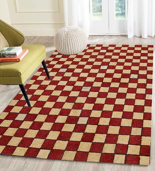 Red Geometrical Wool 5 ft x 7 ft Hand Tufted Carpet