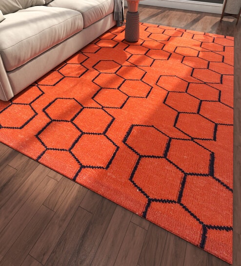 Red Geometrical Wool 5 ft X 8 ft Flat Weaves