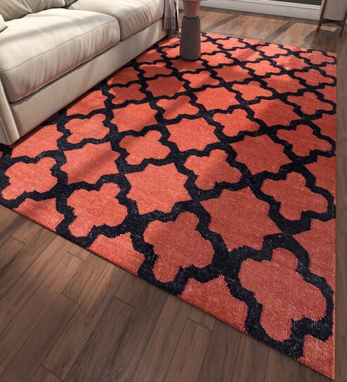 Red Geometrical Wool 5 ft X 8 ft Flat Weaves