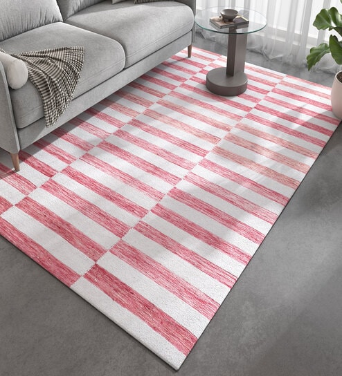 Red Geometrical Wool and Viscose 5 ft X 8 ft Flat Weaves