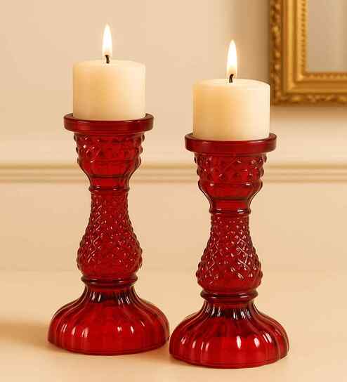 Red Glass Table Tea Light Holders  (Pack Of 2)