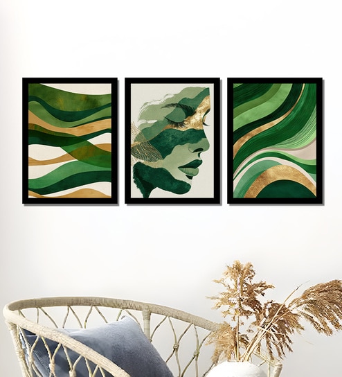 Green & Gold Abstract Wall Art Framed Set of 3