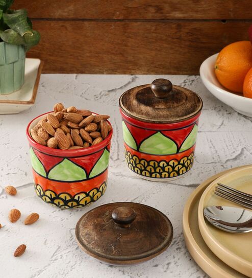 Red Green Archway Ceramic Jars with Wooden Lids