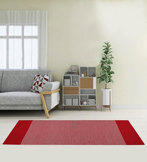 Red Handmade 100% Cotton Striped Bedside Runner