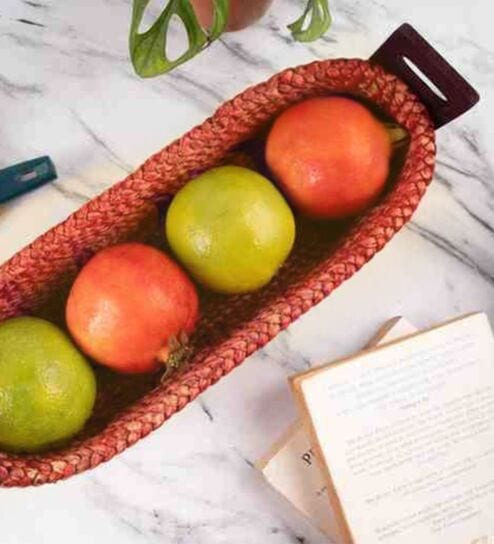 Red Hogla Grass Multipurpose Oval  Basket With Handles