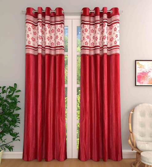 Red Jacquard Floral 9FT Light Filtering Eyelet Long Door Curtains (Pack of 2)