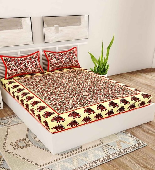 Red Traditional 120 TC Cotton Queen Sized Bedsheet with 2 Pillow Cover