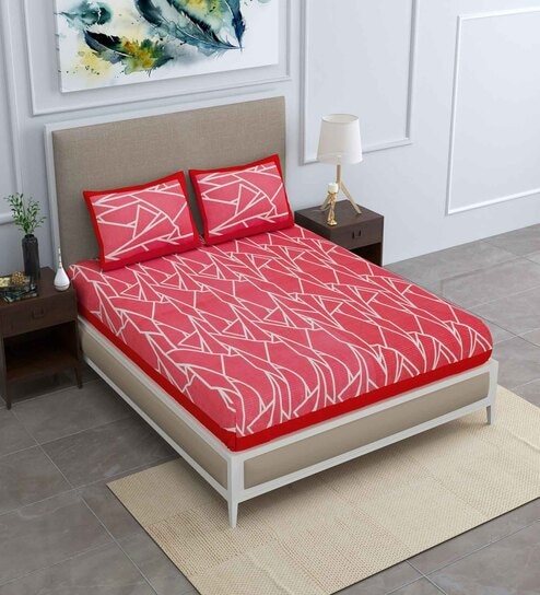 Red Abstract 120 TC Cotton Queen Sized Bedsheet with 2 Pillow Cover
