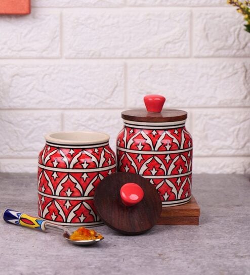 Red Jodhpuri Hand Painted Ceramic Jar with Wooden Lid Set of 2