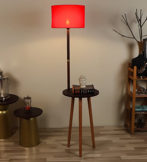 Red Jute Shade Shelf Floor Lamp with Walnut Base