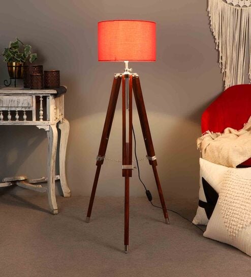 Red Jute Shade Tripod Floor Lamp With Sheesham Wood Base