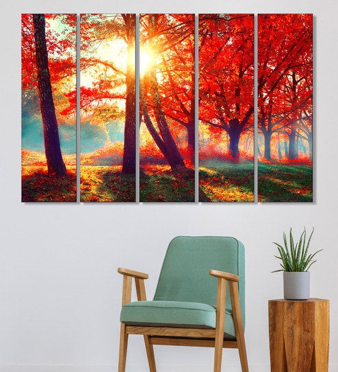 Leave Red MDF Flora Art Panels Set of 5