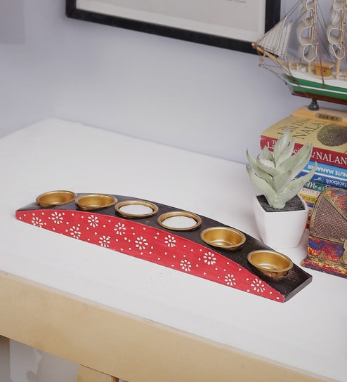 Red Wood Table Tea Light Holder