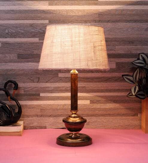Red Natural Fiber Shade Table Lamp With Copper Base By Foziq