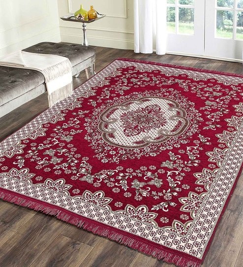Red Chenille Vintage 4 x 6 Feet Machine Made Carpet